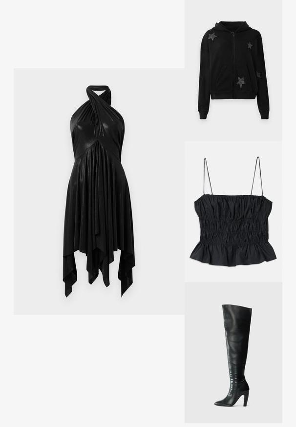 Felpa nera con zip, dotata di tasche frontali e cappuccio, decorata con quattro toppe a forma di stella nere arricchite con piccole perline.; Top corto nero con arricciatura elastica su tutta la superficie, sottili spalline regolabili e orlo arricciato; realizzato in un tessuto liscio.; Abito nero a halter con un design drappeggiato. Realizzato in materiale lucido, con un colletto attorcigliato e un orlo asimmetrico. Texture morbida.; Stivali neri in pelle al ginocchio con un design aderente, punta affilata e tacco alto. Texture liscia e stile minimalista.; Borsa a mano in pelle nera con una tracolla in catena argento, caratterizzata da decorazioni a forma di ali e cuciture bianche lungo la cucitura inferiore.