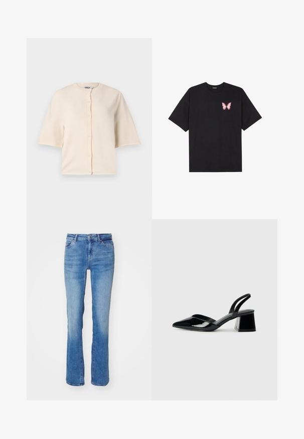 Cárdigan beige de manga corta hecho de una tela suave, con un escote redondo y cierre de botones en la parte delantera, con un corte relajado.; Camiseta de algodón negra de manga corta, con un pequeño gráfico de mariposa rosa en el lado izquierdo del pecho. Diseño de cuello redondo con un corte relajado.; Jeans de mezclilla azul claro con un diseño de pierna recta, que presentan un estilo de cinco bolsillos, cierre de botón y un ligero desgastado en los muslos.; Zapatos de tacón slingback de charol negro con punta afilada y tacón geométrico en bloque. Presentan un diseño elegante y minimalista, así como una textura suave.