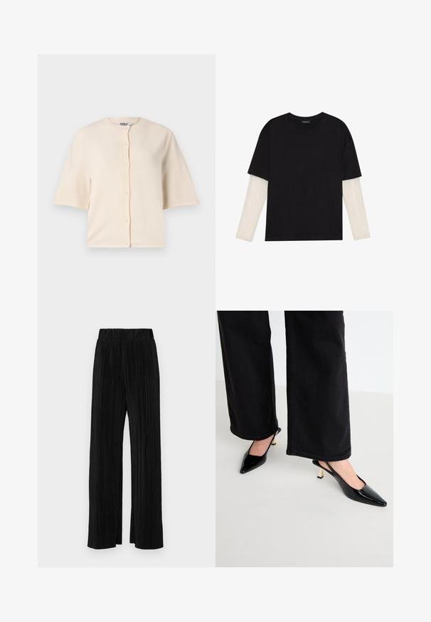 Cardigan bege de mangas curtas feito de um tecido macio, apresentando uma gola redonda e fecho com botões à frente, com um corte descontraído.; T-shirt preta de algodão, com mangas curtas sobre uma camada de mangas longas branca com um padrão texturizado subtil. Design de decote redondo.; Calças pregueadas pretas com uma cintura elástica. Apresentam pernas largas e um tecido liso, texturizado com riscas verticais.; Simmi London JUNE - Saltos clássicos - black