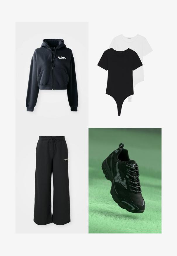 Black cropped hoodie made of soft fabric, featuring a zip front, two front pockets, and white embroidered text on the left chest.; Black and white short-sleeve bodysuits with round necklines and thong bottoms, made from smooth, stretchable fabric.; Black wide-leg sweatpants made of soft fabric, featuring an elastic waistband with drawstring and a small logo on the left side.; Black athletic shoe with a textured surface, grey accents, and laces. Features a prominent branded logo and a cushioned sole for support.