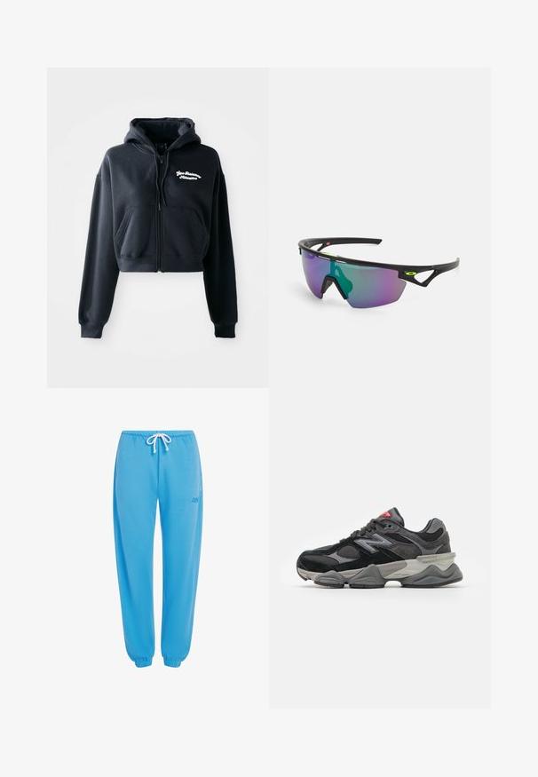 Zwarte cropped hoodie van zachte stof, met een ritssluiting aan de voorkant, twee voorzakken en witte geborduurde tekst op de linkerkant van de borst.; Zwart-witte korte mouwen bodysuits met ronde halzen en stringonderdelen, gemaakt van glad, rekbaar stof.; Blauwe joggingsbroeken van zachte stof, met een elastische tailleband met verstelbaar koord en elastische boorden bij de enkels.; Zwarte en grijze sneaker met een mix van suede en mesh materialen, dikke zool, opvallend logo en een rode accent op de tong.; Sport zonnebril met een zwart montuur, grote verlooplenzen met paarse en groene tinten, en hoekige ontwerpaccenten met logo-details.