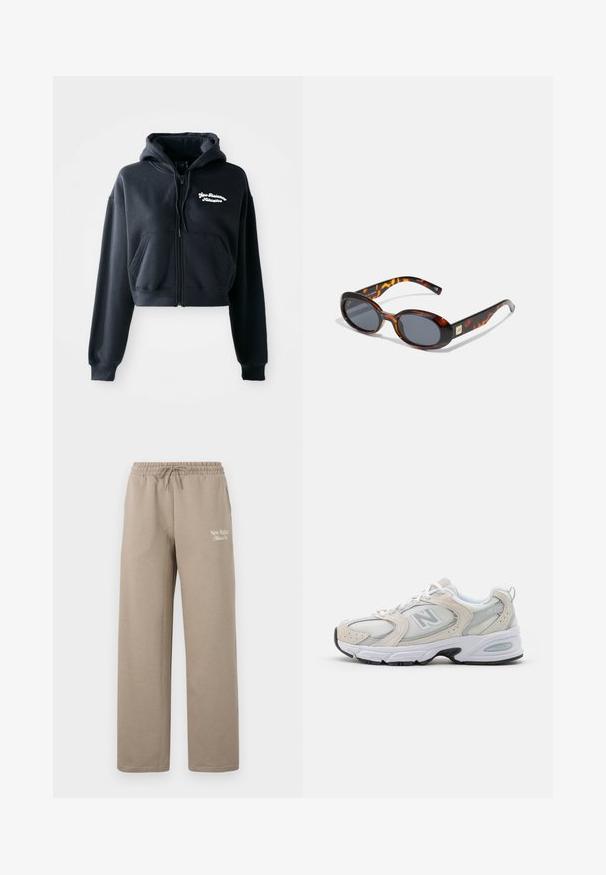 Juodas trumpas gobtuvas, pagamintas iš švelnios medžiagos, su užtrauktuku priekyje, dviem priekinėmis kišenėmis ir balta siuvinėta tekstu kairėje krūtinės pusėje.; Juodai balti trumpų rankovių bodžiai su apvaliais iškirpimais ir thong tipo apatiniais, pagaminti iš lygaus, tampraus audinio.; Šviesiai rudos spalvos treningai, pagaminti iš minkštos medvilnės, su elastinga juosmens dalimi ir raišteliu, taip pat mažas baltas logotipas kairėje kojoje.; Sportiniai bateliai su šviesiai pilku tinkliniu viršumi, akcentais iš zomšos, baltais raiščiais ir juodu guminiu padu. Išskirtinė ABZORB amortizacijos detalė.; Rudos žvynus imituojančios saulės akinius su ovaliais objektyvais ir tamsiai pilku atspalviu. Yra auksinės spalvos akcentas ant laikiklių. Lygaus plastiko tekstūra.