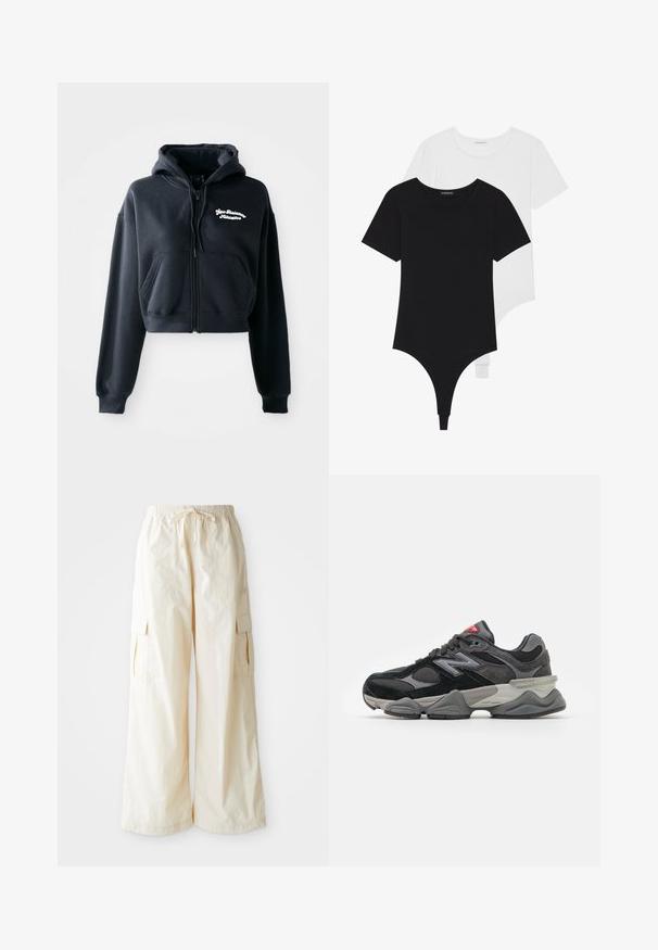 Zwarte cropped hoodie van zachte stof, met een ritssluiting aan de voorkant, twee voorzakken en witte geborduurde tekst op de linkerkant van de borst.; Zwart-witte korte mouwen bodysuits met ronde halzen en stringonderdelen, gemaakt van glad, rekbaar stof.; Brede cargo-broek van lichtbeige stof met een elastische tailleband, trekkoordsluiting en zijzakken. Hete gladde textuur met minimale details.; Zwarte en grijze sneaker met een mix van suede en mesh materialen, dikke zool, opvallend logo en een rode accent op de tong.