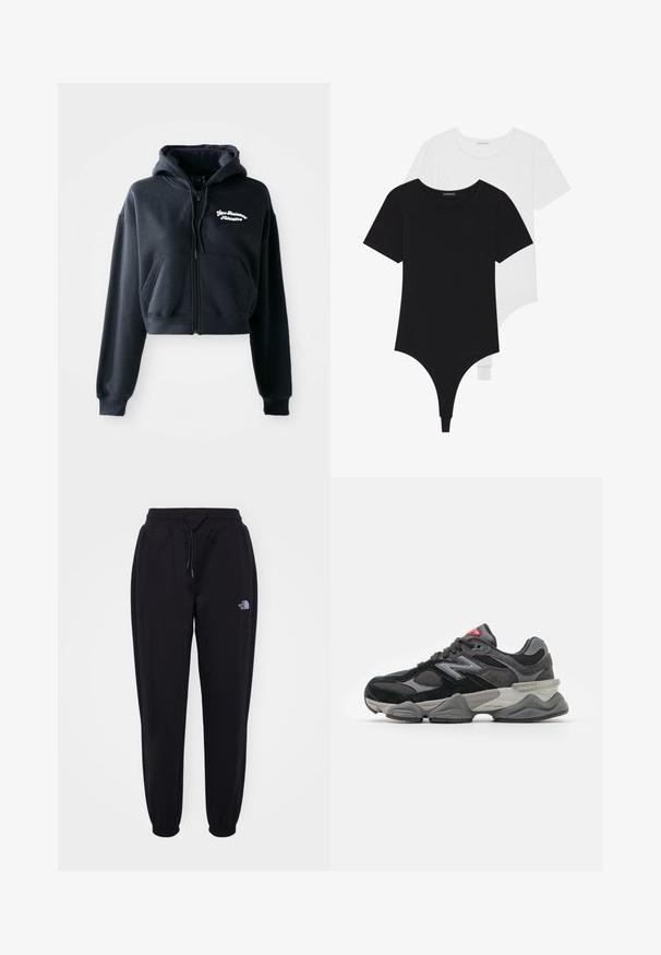 Čierna kratká mikina vyrobená z mäkkého materiálu, s predným zipsom, dvoma prednými vreckami a bielym vyšívaným textom na ľavej hrudi.; Čierno-biele body s krátkymi rukávmi, okrúhlymi výstrihmi a stringovými spodkami, vyrobené z hladkej, elastickej látky.; Čierne športové nohavice s elastickým pásom a manžetami, sťahovacou šnúrkou, postrannými vreckami a malým bielym logom The North Face na pravej stehne.; Čierne a šedé tenisky s kombináciou semišu a sieťoviny, hrubou podrážkou, výrazným logom a červeným akcentom na jazyku.