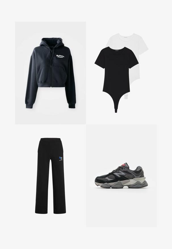 Juodas trumpas gobtuvas, pagamintas iš švelnios medžiagos, su užtrauktuku priekyje, dviem priekinėmis kišenėmis ir balta siuvinėta tekstu kairėje krūtinės pusėje.; Juodai balti trumpų rankovių bodžiai su apvaliais iškirpimais ir thong tipo apatiniais, pagaminti iš lygaus, tampraus audinio.; Juodos sportinės kelnės, pagamintos iš minkštos medžiagos, su elastinga juosmeniu, tiesaus kirpimo dizainu ir mėlynu bei auksiniu logotipu kairėje pusėje.; Juodos ir pilkos sportbačiai su zomšos ir tinklelio medžiagų mišiniu, storu padu, išsiskiriančiu logotipu ir raudona akcentu ant liežuvėlio.