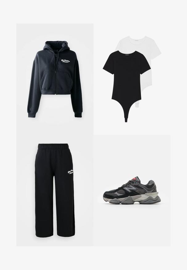 Melna īsā kapuce, kas izgatavota no mīksta auduma, ar rāvējslēdzēju priekšā, divām priekšējām kabatām un baltu izšūtu tekstu uz kreisā krūškurvja.; Melnbalti īsām piedurknēm bodiji ar apaļu kakla izgriezumu un tanga apakšdaļu, izgatavoti no gludas, elastīgas auduma.; Melni svārki, kas izgatavoti no mīksta kokvilnas, ar elastīgu jostasvietu un īsu piegriezumu. Sānos neliels balts izšūts teksts.; Melna un pelēka sporta apavi ar suede un sieta materiālu kombināciju, bieza zole, izteikts logs un sarkana akcents uz mēles.