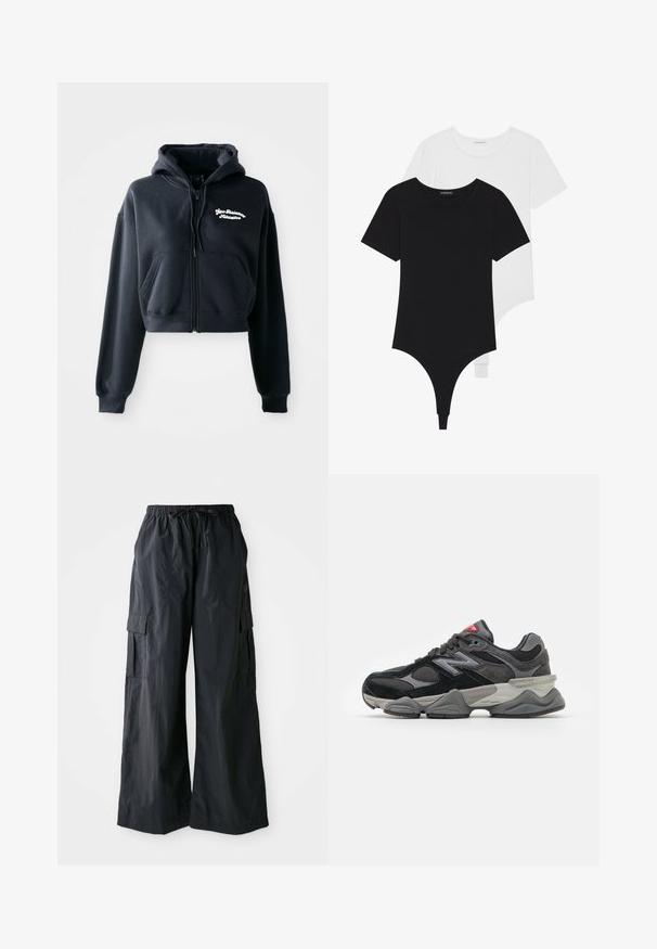 Zwarte cropped hoodie van zachte stof, met een ritssluiting aan de voorkant, twee voorzakken en witte geborduurde tekst op de linkerkant van de borst.; Zwart-witte korte mouwen bodysuits met ronde halzen en stringonderdelen, gemaakt van glad, rekbaar stof.; Zwarte cargobroek van lichtgewicht stof, met een wijd ontwerp, elastische tailleband en meerdere zijzakken. Eenvoudig en functioneel.; Zwarte en grijze sneaker met een mix van suede en mesh materialen, dikke zool, opvallend logo en een rode accent op de tong.
