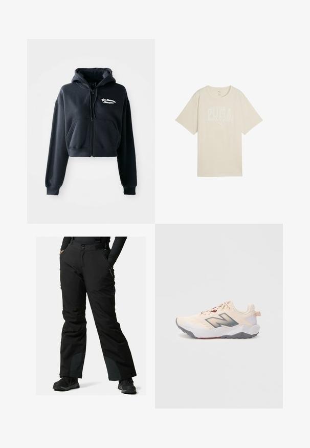 Zwarte cropped hoodie van zachte stof, met een ritssluiting aan de voorkant, twee voorzakken en witte geborduurde tekst op de linkerkant van de borst.; Beige katoenen t-shirt met een ontspannen pasvorm, voorzien van een witte grafische print met de tekst "PUMA sports club" en een klein logo erboven.; Zwarte sneeuwbroeken met verstelbare banden, een gladde textuur en ritszakken, met versterkt zwart materiaal bij de enkels.; Lichtbeige sport sneaker met een grijze zool, donkergrijze "N" logo en bordeauxrode accenten, gezien vanaf de linkerkant op een witte achtergrond.