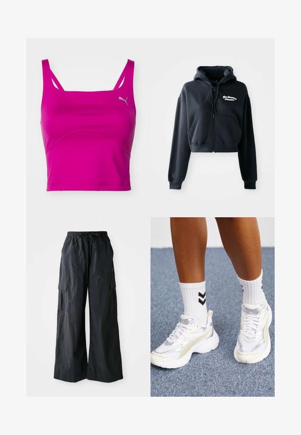 Czarna krótka bluza z kapturem, wykonana z miękkiego materiału, z zamkiem z przodu, dwoma przednimi kieszeniami oraz białym, haftowanym tekstem na lewej piersi.; Różowy top sportowy Puma z cienkimi ramiączkami, dopasowany krój, teksturowana tkanina oraz zaokrąglony detal szwu z przodu.; Czarne spodnie cargo wykonane z lekkiego materiału, z szerokimi nogawkami, elastycznym paskiem w talii i wieloma bocznymi kieszeniami. Proste i funkcjonalne.; Białe sneakersy z srebrnymi akcentami, wykonane z siateczkowego materiału, o masywnej konstrukcji. Połączone z białymi skarpetkami z czarnym wzorem w zygzaki.