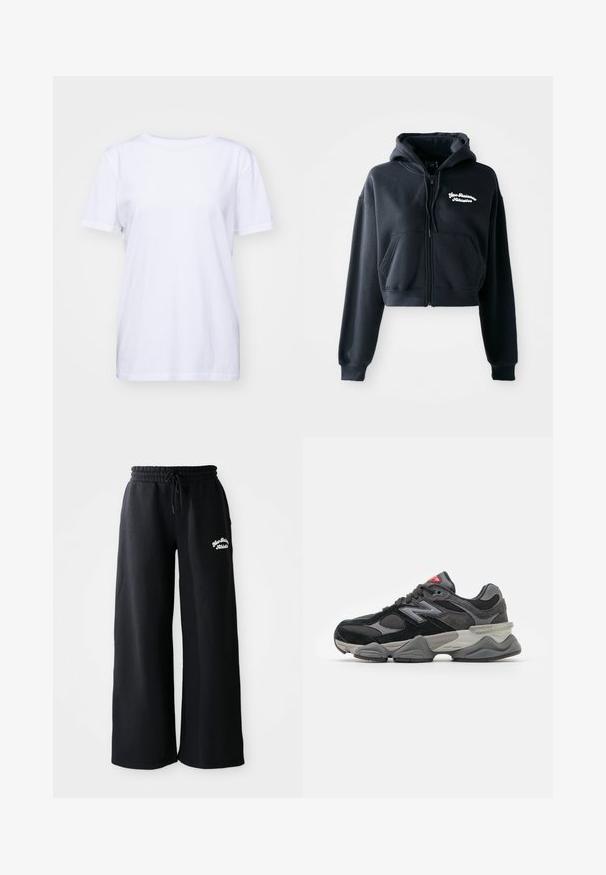 Melna īsā kapuce, kas izgatavota no mīksta auduma, ar rāvējslēdzēju priekšā, divām priekšējām kabatām un baltu izšūtu tekstu uz kreisā krūškurvja.; Balts kokvilnas T-krekls ar apaļu kakla izgriezumu, īsām piedurknēm un brīvu piegriezumu. Gluda tekstūra un bez redzamām rakstu vai rotājumu detaļām.; Melni plati svārki ar auklu jostu. Iekļauj izšūtus tekstus kreisajā pusē, izgatavoti no mīksta kokvilnas maisījuma.; Melna un pelēka sporta apavi ar suede un sieta materiālu kombināciju, bieza zole, izteikts logs un sarkana akcents uz mēles.