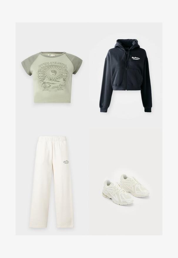 Schwarze, kurz geschnittene Kapuzenjacke aus weichem Material, mit Reißverschluss an der Front, zwei vorderen Taschen und weißem, gesticktem Text auf der linken Brust.; Grünes Baumwoll-T-Shirt mit kurzen Ärmeln, das ein Yin-Yang-Motiv und Naturmotive in einem kontrastierenden dunkleren Grünton zeigt.; Cremfarbene, weit geschnittene Hose aus weichem Material mit einem elastischen Bund. Auf der Vorderseite ist dezent grüner Sticktext zu sehen.; Weiße Sportschuhe aus Mesh- und synthetischen Materialien, Schnürdesign, gepolsterter Kragen und strukturiertes Profil für besseren Grip. Leichte Bauweise.