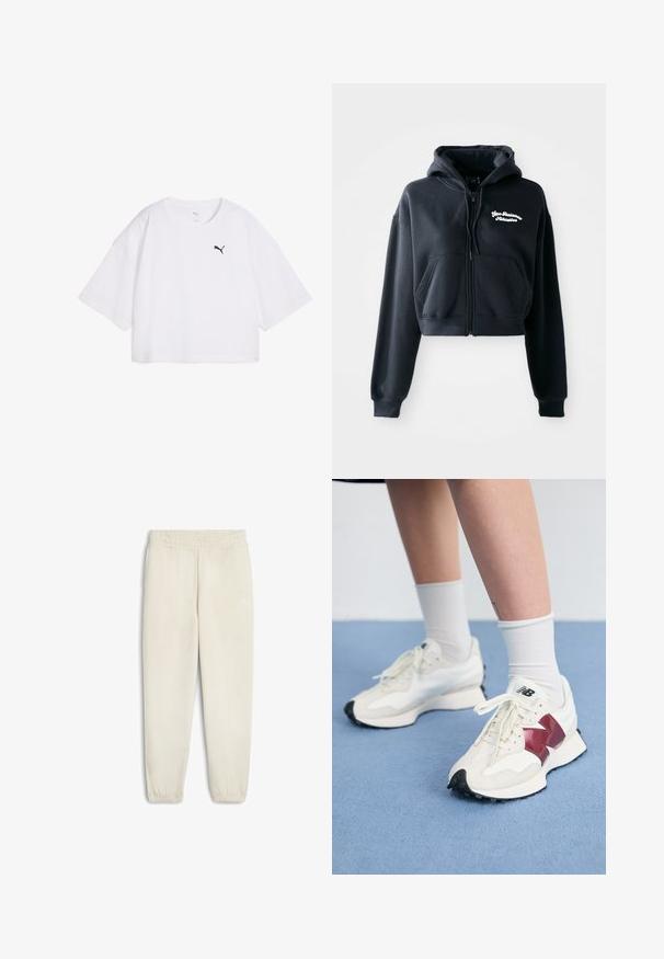 Fekete, rövidített kapucnis pulóver puha anyagból, cipzáros elülső résszel, két elülső zsebbel és fehér hímzett szöveggel a bal mellen.; Fehér vágott póló, pamutból készült. Kerek nyakú és laza rövid ujjú. Fekete Puma logó a bal mellen.; Világos bézs színű, puha anyagból készült melegítőnadrág, elasztikus derékrésszel, bokánál szűkített szárakkal és egy kis fehér logóval az oldalon.; Fehér sneaker pár, bordó kiegészítőkkel, texturált panelekkel, lapos fekete talppal és világos fűzőkkel, fehér bokazoknival viselve.