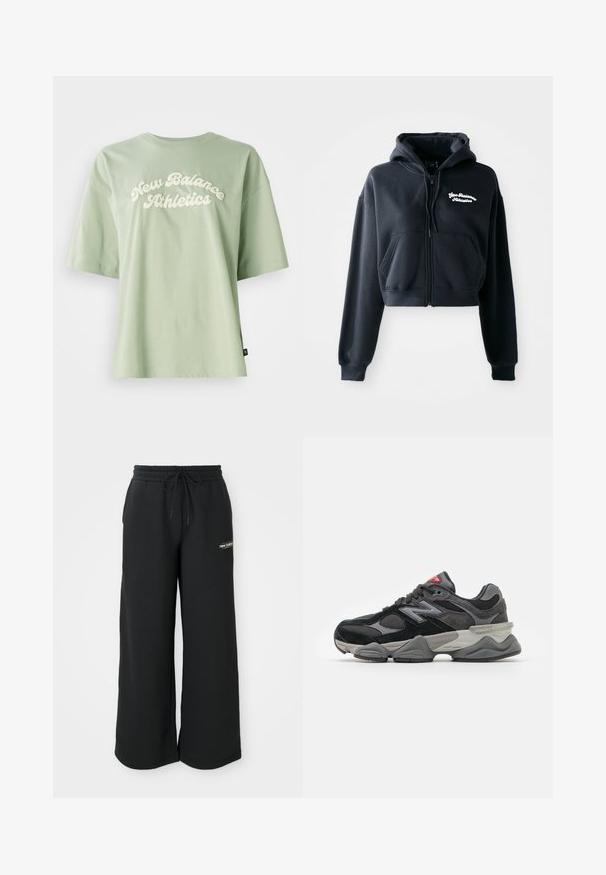 Musta lyhythihainen huppari, joka on valmistettu pehmeästä kankaasta. Hupparissa on vetoketjukiinnitys, kaksi etutaskua ja valkoista brodeerattua tekstiä vasemmassa rinnassa.; Vihreä puuvillainen t-paita, jossa on kaareva, kermavärinen "New Balance Athletics" -logo edessä, lyhyet hihat ja rento malli.; Mustat leveät collegehousut, jotka on valmistettu pehmeästä kankaasta. Niissä on elastinen vyötärö, jossa on naru, sekä pieni logo vasemmalla puolella.; Mustat ja harmaat lenkkarit, joissa on yhdistelmä mokkaa ja verkkomateriaaleja, paksu pohja, hallitseva logo ja punaisia yksityiskohtia kielekkeessä.