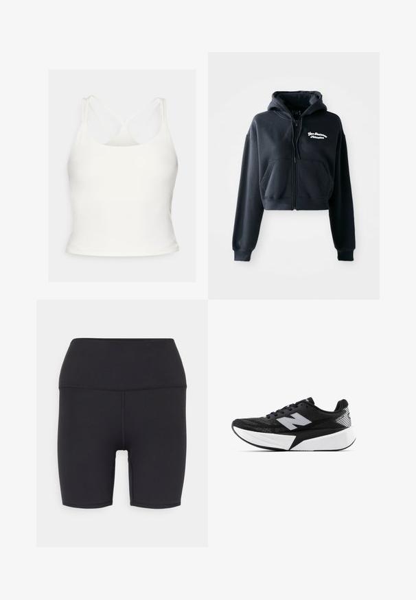 Hoodie cropped nero realizzato in tessuto morbido, con zip frontale, due tasche frontali e testo ricamato bianco sul petto sinistro.; Fabletics PRINCIPAL BUILT IN BRA TANK - Top - bone; Shorts sportivi neri realizzati in materiale elastico, con un'alta vita, texture liscia e senza motivi o componenti visibili.; Scarpa da corsa New Balance in bianco e nero con suola spessa, parte superiore in rete e logo "N" sul lato, vista dal lato esterno.