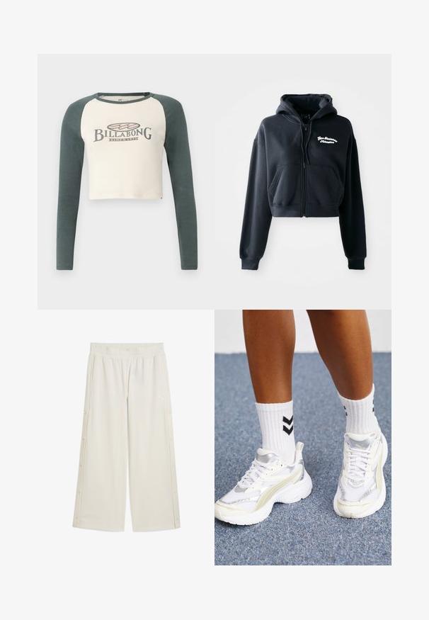 Čierna kratká mikina vyrobená z mäkkého materiálu, s predným zipsom, dvoma prednými vreckami a bielym vyšívaným textom na ľavej hrudi.; Strihaná košeľa s dlhým rukávom s krémovým telom a tmavozelenými raglánovými rukávmi. Na prednej strane sa nachádza klasické logo Billabong.; Béžové nohavice širokého strihu s elastickým pásom, bočnými cvokovými uzávermi a malým logom vpredu. Vyrobené z hladkého, ľahkého materiálu.; Biele tenisky so striebornými akcentmi, z sieťovinového materiálu a s robustným dizajnom. V kombinácii s bielymi ponožkami s čiernymi chevron vzormi.