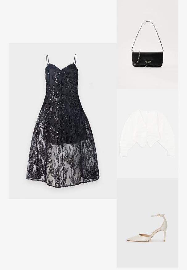 Cardigan branco cropped feito de tecido canelado, com um decote em V profundo, fecho frontal com botões e mangas bufantes com detalhes texturizados.; Vestido preto com corpete ajustado, alças finas, decorado com lantejoulas sobre renda, e uma saia fluida de renda transparente com padrões de folhas.; Sapato de salto alto em pele branca com biqueira pontiaguda, faixa no tornozelo e um salto fino de stiletto. Textura suave com um leve acabamento brilhante.; Saco de couro preto com uma alça de corrente prateada, apresentando ornamentos em forma de asas e costura branca ao longo da costura inferior.