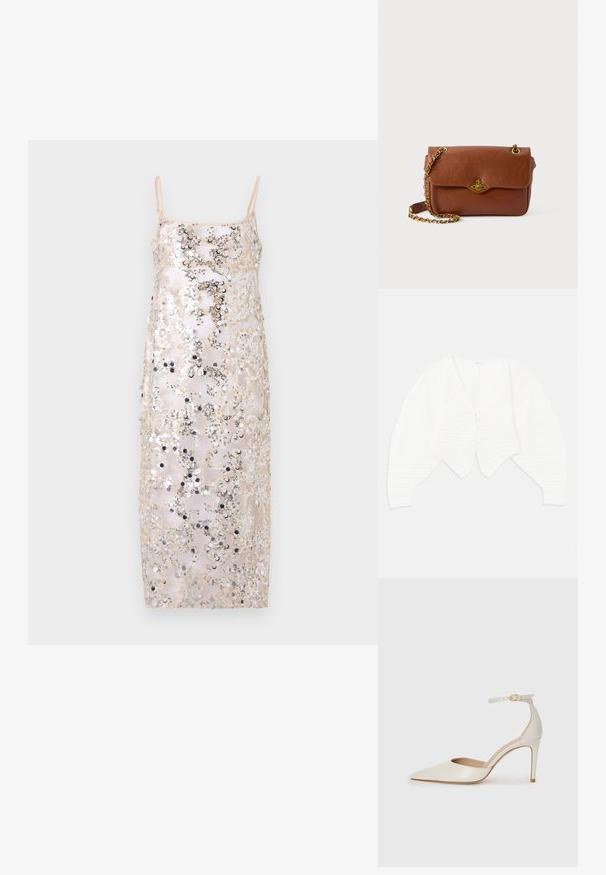 Fehér, cropped kardigán rib széles anyagból, mély V kivágással, gombos elülső záródással és puffos ujjak texturált részletekkel.; Baum und Pferdgarten AVANI - Koktélruha / Partiruha - gold coloured; Fehér bőr, magassarkú cipő hegyes orral, bokapánttal és vékony tűs sarkal. Simaszövet, finom fényes felülettel.; Barna bőr keresztpántos táska hajtószorítással, arany színű fémrészekkel és lánc pánttal. Simább textúra, téglalap alakú, minimális díszítéssel.