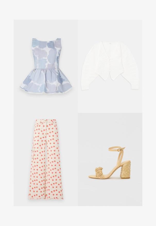 Cardigan alb scurt, confecționat dintr-un material ribbat, având un decolteu adânc în V, închidere cu nasturi în față și mâneci bufante cu detalii texturate.; Top peplum din denim de culoare albastru deschis, cu un model tie-dye, având un decolteu rotund și un detaliu auriu la talie.; Pantaloni largi dintr-un material bej, cu un model de căpșuni în roșu și verde. Include buzunare laterale și un tiv desfăcut.; Sandalie cu toc înalt bej, cu o textură împletită, având o floare decorativă și curea pentru gleznă. Tocul pătrat oferă stabilitate.