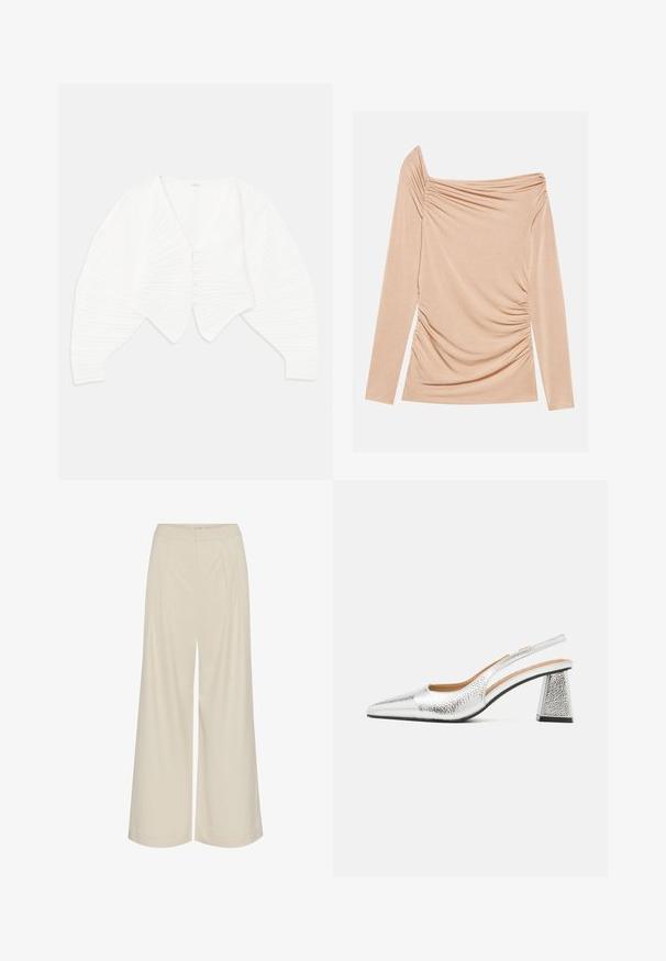 Baltas trumpas kardiganas, pagamintas iš glotnaus audinio, su giliu V formos iškirpimu, priekyje su mygtukais ir pūstomis rankovėmis su tekstūruotu akcentu.; Ilgų rankovių, bepečių viršus šviesiai smėlinės spalvos, su surinkta medžiaga šonuose ir lygiu paviršiumi. Nėra matomų logotipų ar raštų.; Platus kojų kelnes iš šviesiai smėlio spalvos audinio, su klostėmis, aukštu liemeniu ir lygia tekstūra, be matomų dekoro elementų.; Sidabriniai slingback aukštakulniai su smailiu pirštu, tekstūrinio metalinio paviršiaus ir trikampiu bloku stileto. Interjere yra rudos odos detalės.