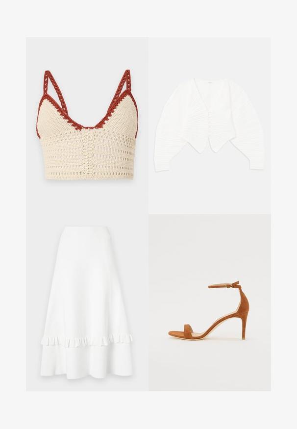 Fehér, cropped kardigán rib széles anyagból, mély V kivágással, gombos elülső záródással és puffos ujjak texturált részletekkel.; Krém és rozsdabarna horgolt melltartó, háromszög alakú kosarakkal, állítható pántokkal és nyitott szövésű textúrával, gazdag részletezéssel.; Fehér, bővülő szoknya texturált anyagból, fodros szegéllyel és lyukasztott mintával, sima derékrésszel és térdhez érő hosszúsággal.; Barna velúr magassarkú szandál vékony bokapánttal, arany csattal, nyitott orral és letisztult, minimalista dizájnnal.