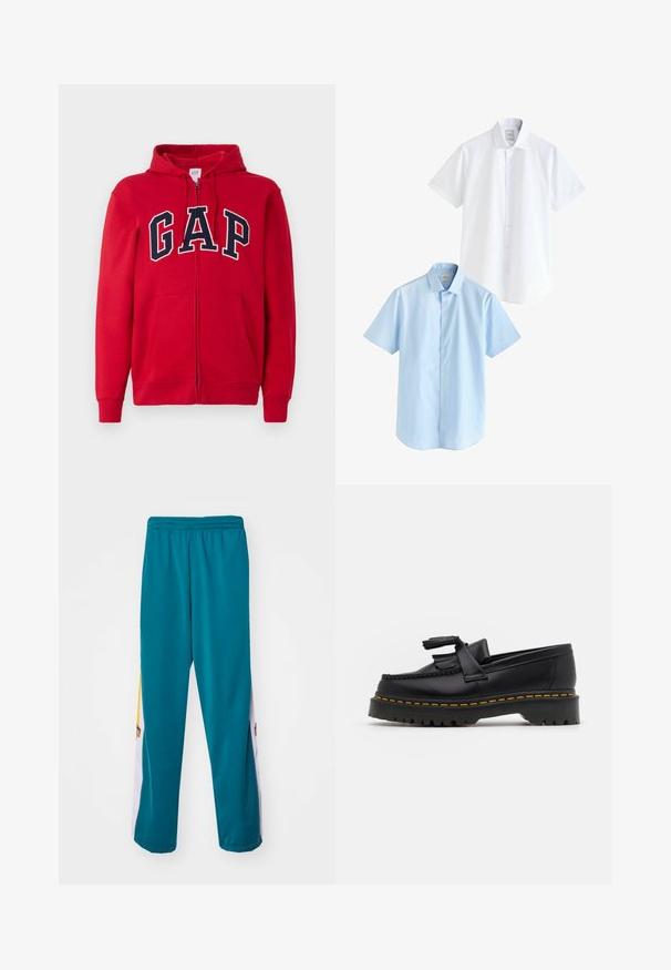 Sudadera con cremallera roja de algodón, con un prominente logo en color marino "GAP" en el pecho, con capucha y bolsillos frontales.; Dos camisas de manga corta: una blanca y una azul clara. Ambas tienen un botón en el frente, cuello con solapa, tejido de algodón suave y corte estándar.; adidas Originals ADIBREAK - Pantalones deportivos - legacy teal; Mocasín de cuero negro con un acento de borlas, que presenta una suela gruesa negra y costuras amarillas a lo largo del borde. Acabado texturizado.