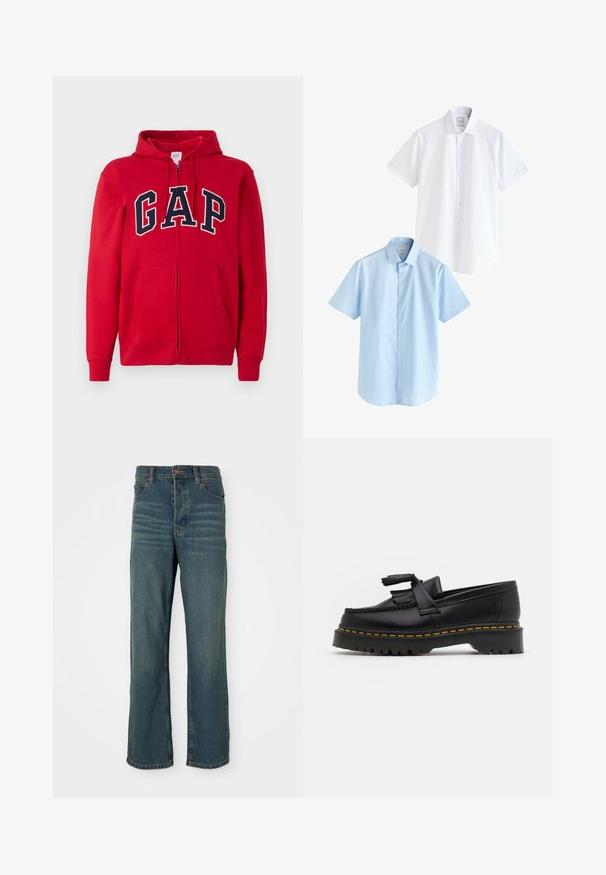 Rdeča zip-up kapuca iz bombaža, z izstopajočim mornarsko modrim logotipom "GAP" čez prsi, kapuco in sprednjima žepoma.; Dve majice s kratkimi rokavi: ena bela in ena svetlo modra. Obe imata gumbno zapiranje spredaj, ovratnik, gladko bombažno tkanino in standardni kroj.; Modri jeans z naravnim krojem, ki imajo pet žepov, zapiranje na gumb in svetlo izgorelost na sprednji strani.; Črne usnjene loafersice s kaširanim naglasom, z debelim črnim podplatom in rumenim šivom ob robu. Teksturirana površina.