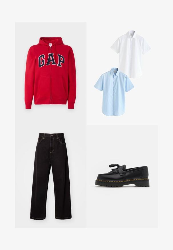 Červená mikina so zipsom vyrobená z bavlny, s výrazným námorníckym logom "GAP" na hrudi, s kapucňou a prednými vreckami.; Dvoje tričiek s krátkym rukávom: jedno biele a jedno svetlo modré. Obe majú tlačnú prednú časť, golier, hladkú bavlnenú tkaninu a štandardný strih.; Čierne riflové nohavice s voľným strihom, kontrastným šitím, päť vrecami a predným zapínaním na gombík. Hladký povrch a odolná tkanina.; Čierne kožené loafre s detailom na strapcoch, s masívnou čiernou podrážkou a žltým prešitím pozdĺž okraja. S textúrovaným povrchom.