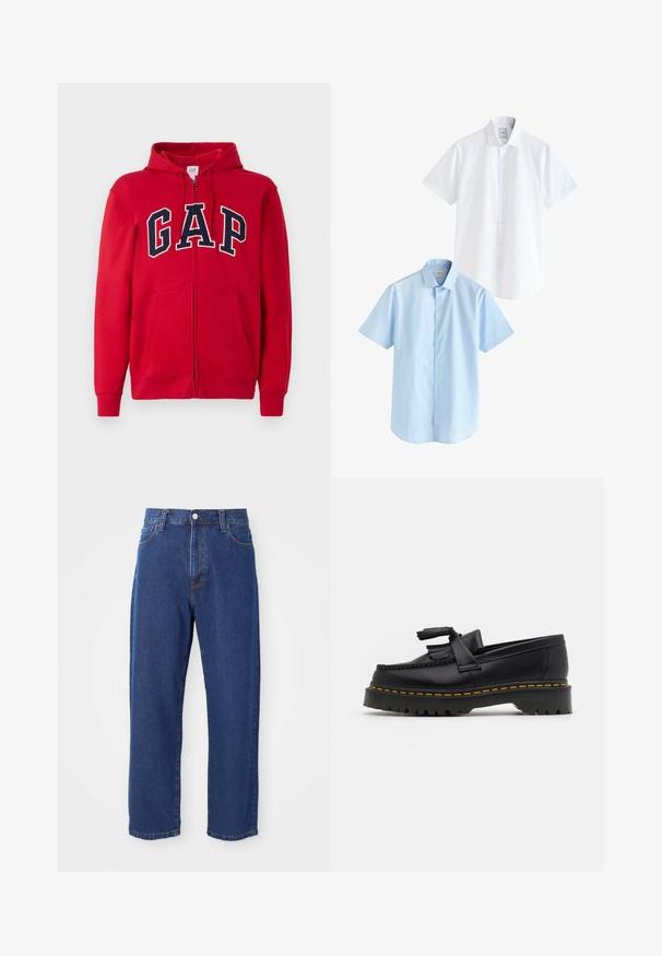 Röd zip-hoodie i bomull med en framträdande mörkblå "GAP"-logotyp över bröstet, med huva och framfickor.; Två kortärmade skjortor: en vit och en ljusblå. Båda har knäppning fram, krage, slätt bomullstyg och normal passform.; Höga blå jeans av denim med rak bensilhuett, synliga sömmar och knappstängning fram.; Svart läderloafer med en tofsdetalj, med en kraftig svart sula och gul söm längs kanten. Strukturerad yta.