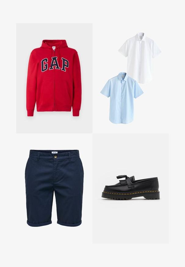 Rød zip-up hættetrøje lavet af bomuld, med et fremtrædende navy "GAP" logo på brystet, samt hætte og frontlommer.; To kortærmede skjorter: en hvid og en lys blå. Begge har knaplukning foran, krave, glat bomuldsstof og standard pasform.; Marineblå shorts lavet af tekstureret stof med knappelukning, opfoldede kanter og sidelommer, der har et subtilt mønster.; Sort læderloafer med en frynsedetalje, der har en kraftig sort sål og gul syninger langs kanten. Teksturert overflade.
