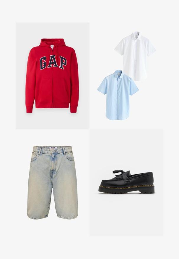 Červená mikina na zip vyrobená z bavlny, s výrazným námořnickým logem "GAP" na hrudi, se kapucí a předními kapsami.; Dvoje košilí s krátkým rukávem: jedna bílá a jedna světle modrá. Obě mají zapínání na knoflíky vpředu, límeček, hladkou bavlněnou tkaninu a standardní střih.; Svetle modré džínové šortky s vybledlým odstínem, s knoflíkovým zapínáním, pěti kapsami a prošívanými detaily po okrajích lemů a kapes.; Černé kožené mokasíny s třásněmi, se silnou černou podrážkou a žlutým prošíváním podél okraje. Texturovaný povrch.