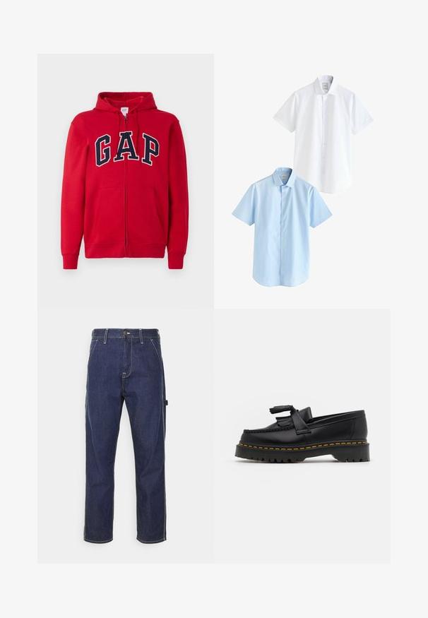 Rode rits-hoodie gemaakt van katoen, met een opvallend marineblauw "GAP" logo over de borst, voorzien van een capuchon en frontzakken.; Twee T-shirts met korte mouwen: een witte en een lichtblauwe. Beide hebben een knoopsluiting aan de voorkant, een gekraagde halslijn, een gladde katoenen stof en een standaard pasvorm.; Donkerblauwe denim cargobroek met gele stiksels, zijzakken en een rechte pasvorm. Voorzien van een knoop- en ritssluiting.; Zwarte leren loafers met een franjesaccent, voorzien van een dikke zwarte zool en gele stiksels langs de rand. Gevoelige afwerking.