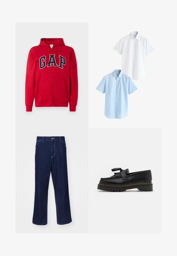 Piros cipzáros kapucnis felső, amely pamutból készült, a mellkasán egy kiemelkedő sötétkék "GAP" logóval, kapucnival és elülső zsebekkel.; Két rövid ujjú ing: az egyik fehér, a másik világoskék. Mindkettő gombos előlappal, galléros nyakkivágással, sima pamut anyagból készült, és szabványos szabású.; Sötétkék farmernadrág egyenes szárú szabással, világos varrási részletekkel és elöl gombos zárással. Simább textúra.; Fekete bőr mokaszin, rojtos díszítéssel, masszív fekete talppal és sárga varrással az élén. Texturált felület.