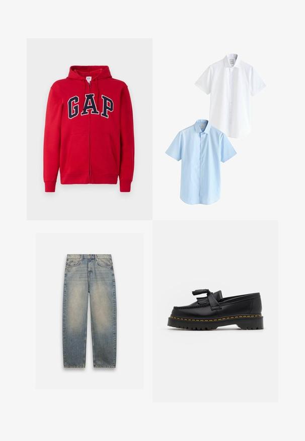 Crvena dukserica na zatvaranje od pamuka, s istaknutim mornarsko plavim "GAP" logotipom na prsima, kapuljačom i prednjim džepovima.; Dva kratka rukava: jedan bijeli i jedan svijetloplavi. Oboje imaju dugmad sprijeda, ovratnik, glatku pamučnu tkaninu i klasičan kroj.; Svijetloplave traperice s opuštenim krojem, koje imaju izblijedjeli izgled, pet džepova i patent zatvarač. Ravne nogavice s minimalnim šivenjem.; Crna kožna loaferica s resicama, koja ima čvrst crni potplat i žute šavove duž ruba. Teksturirana završna obrada.