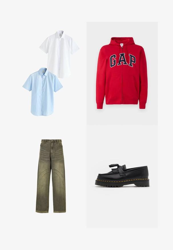Červená mikina na zip vyrobená z bavlny, s výrazným námořnickým logem "GAP" na hrudi, se kapucí a předními kapsami.; Dvoje košilí s krátkým rukávem: jedna bílá a jedna světle modrá. Obě mají zapínání na knoflíky vpředu, límeček, hladkou bavlněnou tkaninu a standardní střih.; Široké džíny v olivově zeleném denimu, s zakřivenými švy, klasickým zapínáním na knoflík a vybledlým vzhledem.; Černé kožené mokasíny s třásněmi, se silnou černou podrážkou a žlutým prošíváním podél okraje. Texturovaný povrch.