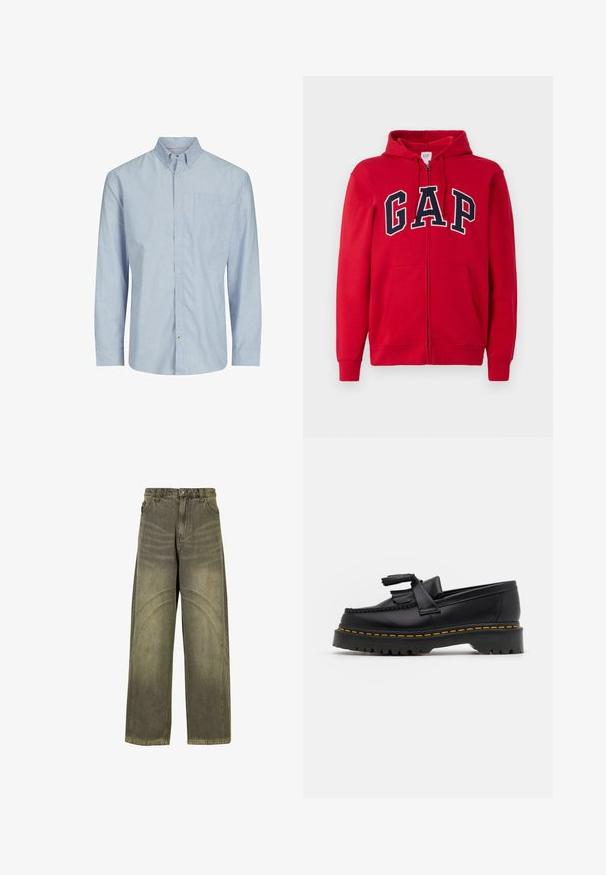 Rode rits-hoodie gemaakt van katoen, met een opvallend marineblauw "GAP" logo over de borst, voorzien van een capuchon en frontzakken.; Gestreepte lange mouwen shirt in lichtblauw en wit, met een button-down kraag, borstzak en rechte snit. Katoenmix stof.; Wijde spijkerbroeken van olijfgroene denim, met gebogen naadaccenten, klassieke knoopsluiting en een vervaagde afwerking.; Zwarte leren loafers met een franjesaccent, voorzien van een dikke zwarte zool en gele stiksels langs de rand. Gevoelige afwerking.