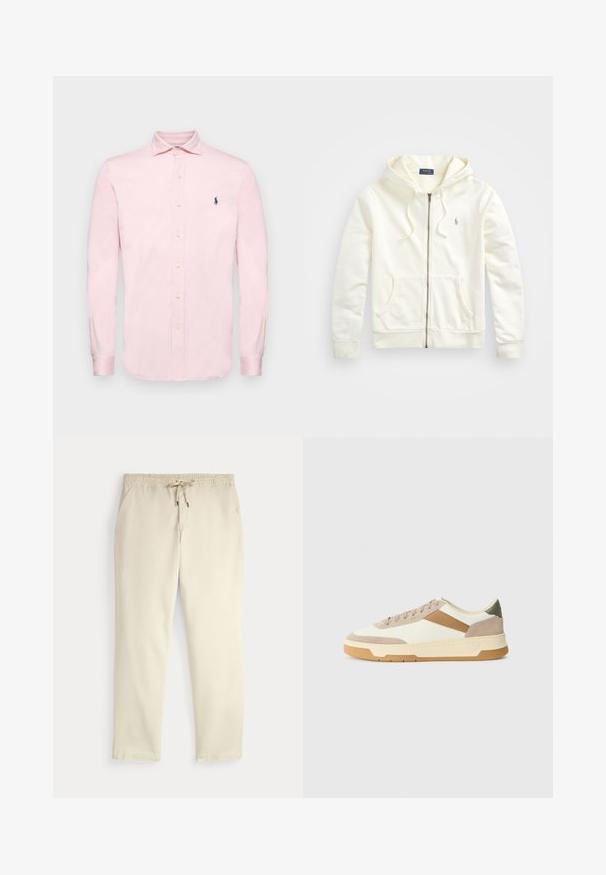 Λευκή φερμουάρ ζακέτα με κουκούλα με κορδόνι, μπροστινές τσέπες, ριμπ μανσέτες και μικρό κεντητό λογότυπο στη αριστερή πλευρά. Μαλακό βαμβακερό ύφασμα.; Ροζ ανοιχτό πουκάμισο με μακριά μανίκια και κουμπιά, φτιαγμένο από βαμβάκι με μαλακή υφή. Διαθέτει γιακά και μικρό ναυτικό λογότυπο στο στήθος.; Εκρού ελαστικά παντελόνια με κορδόνι στη μέση, ίσια πόδια και πλάγιες τσέπες σε απλό φόντο.; Αθλητικά παπούτσια σε μπεζ, κρεμ και ελαιοπράσινο χρώμα, κατασκευασμένα από σουέτ και δέρμα, με στρογγυλή μύτη, μινιμαλιστικό σχέδιο και καουτσούκ σόλα.