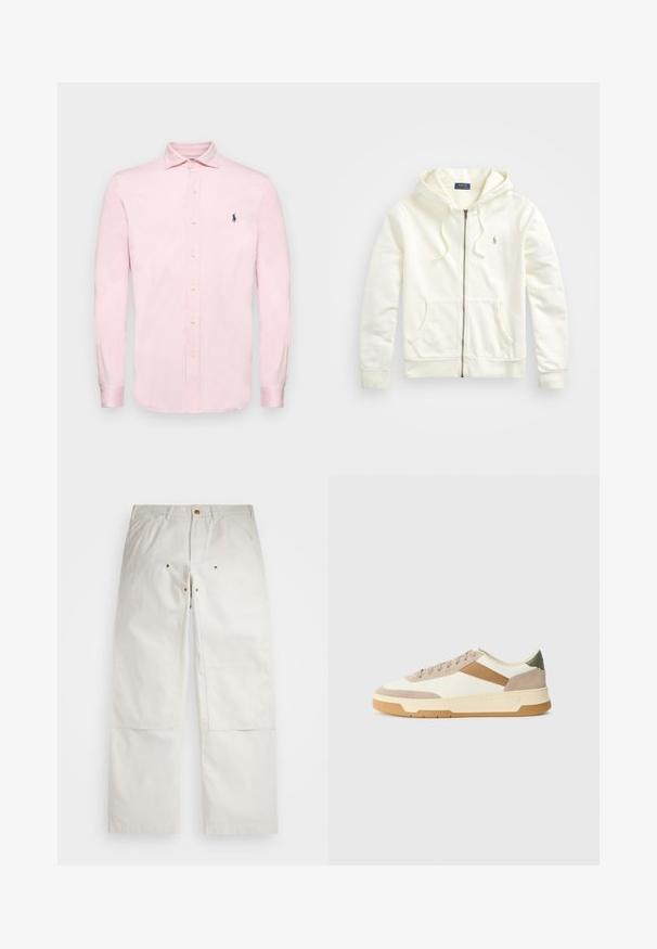 Fehér cipzáras kapucnis pulóver, zsinóros kapucnival, elülső zsebekkel, bordázott mandzsettákkal és egy kis hímezett logóval a bal oldalon. Puha pamut anyag.; Világos rózsaszín, hosszú ujjú, gombos ing, amely pamutból készült, puha tapintással; klasszikus gallérja van és egy kicsi, sötétkék logó található a mellkason.; Fehér pamut nadrág laza szabással, elülső zsebekkel, arany színű kiegészítőkkel és térdrész díszítéssel.; Beige, krémszínű és olívazöld sportcipők, velúr és bőr anyagból, kerek orral, minimalista dizájnnal és gumitalppal.