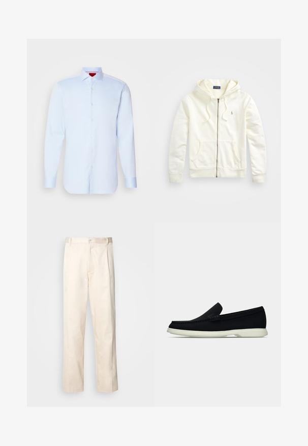 Baltas užtrauktuku užsegamas džemperis su reguliuojama kapišonu, priekinėmis kišenėmis, elastingomis rankovėmis ir mažuoju siuvinėtu logotipu kairėje pusėje. Minkšta medvilninė medžiaga.; Šviesiai mėlyna ilgomis rankovėmis marškiniai su išskleista apykakle, apvaliu hemu ir baltais mygtukais. Lygus audinys su subtiliu blizgesiu.; Bežinės medvilninės kelnės su tiesiu kirpimu, turinčios mygtuko uždarymą ir priekyje raukšles papildomai dekoratyviam akcentui.; Juodas slip-on avalynė su apvaliu pirštu, turintis tekstūruotą paviršių, lygią baltą platformą ir subtilų prekės ženklą šone.