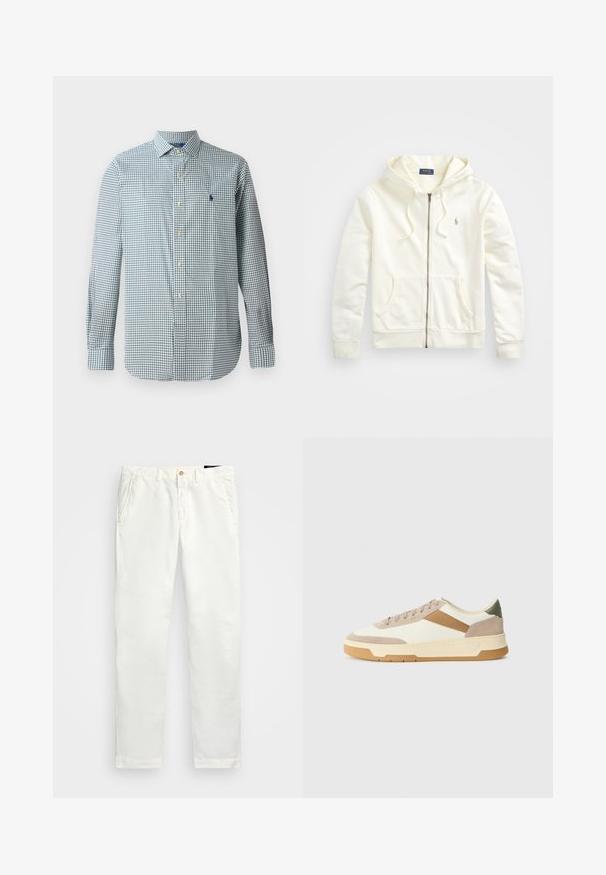 Sweatshirt branca com fecho de correr, capuz com cordão, bolsos frontais, punhos canelados e um pequeno logótipo bordado do lado esquerdo. Tecido de algodão macio.; Camisa de botão em padrão xadrez gingham azul e branco, mangas longas, colarinho clássico, apresentando um pequeno emblema bordado no peito.; Chinos brancos de algodão com um design de perna reta, apresentando bolsos laterais, um fecho de botão único e uma textura suave.; Ténis em bege, creme e verde oliva, com materiais em camurça e couro, bico redondo, design minimalista e sola em borracha.