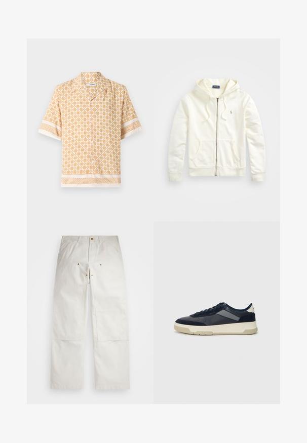 Hanorac alb cu fermoar, cu glugă ajustabilă prin șnur, buzunare frontale, manșete dublate și un mic logo brodat pe partea stângă. Material din bumbac moale.; Cămașă cu mânecă scurtă de culoare galben deschis, cu un model geometric în nuanțe de crem. Dispune de un sistem de închidere cu nasturi pe față și de manșete și tiv contrastante cu model.; Pantaloni din bumbac alb, cu o croială lejeră, având buzunare frontale, detalii din accesorii aurii și îmbinări la genunchi.; BOSS BALTIMORE - Sneakers low - open blue