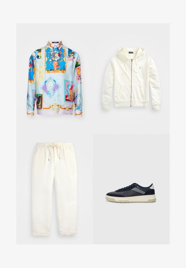 Balts zip-up džemperis ar kapuci ar aukliņu, priekšējām kabatām, ribotiem piedurkņu galiem un mazu izšūtu logotipu kreisajā pusē. Mīksts kokvilnas audums.; Zīda pogu krekls ar krāsainu māksliniecisku druku, kas ietver ziedu un klasiskus motīvus, galvenokārt zils ar rozā un zelta akcentiem.; Gaiši krēmkrāsas, ikdienišķi bikses, izgatavotas no mīkstas auduma. Iespējas ietver elastīgu jostu ar auklu un sašaurinātu kāju dizainu.; BOSS BALTIMORE - Sporta apavi - open blue