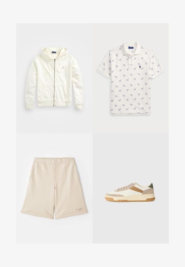 Sweat à zip blanc avec une capuche à cordon de serrage, des poches avant, des poignets côtelés et un petit logo brodé sur le côté gauche. Tissu en coton doux.; Polo blanc en coton, avec un motif répété de chiens bleus et un petit logo bleu sur la poitrine. Manches courtes et col.; Emporio Armani Pantalon de survêtement - fog; Baskets en beige, crème et vert olive, dotées de matériaux en daim et cuir, d'un bout rond, d'un design minimaliste et d'une semelle en caoutchouc.