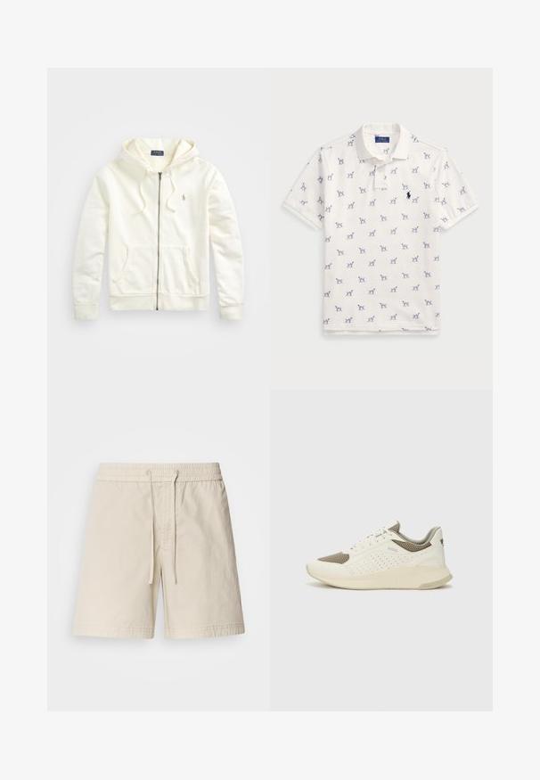 Baltas užtrauktuku užsegamas džemperis su reguliuojama kapišonu, priekinėmis kišenėmis, elastingomis rankovėmis ir mažuoju siuvinėtu logotipu kairėje pusėje. Minkšta medvilninė medžiaga.; Balta polo marškiniai, pagaminti iš medvilnės, su pasikartojančiu mėlynu šunų raštu ir mažuoju mėlynu logotipu ant krūtinės. Trumpomis rankovėmis ir apykakle.; Šviesiai smėlio spalvos medvilniniai šortai su elastingu liemeniu, raišteliu ir šoniniais kišenėmis. Plokščias priekis su paprastu siuvinėjimo akcentu.; Baltas ir šviesiai bežinis sportinis kedas, su tinklo viršumi, perforuotais detalėmis ir tekstūruotu tarpine su logotipu ant kulno.