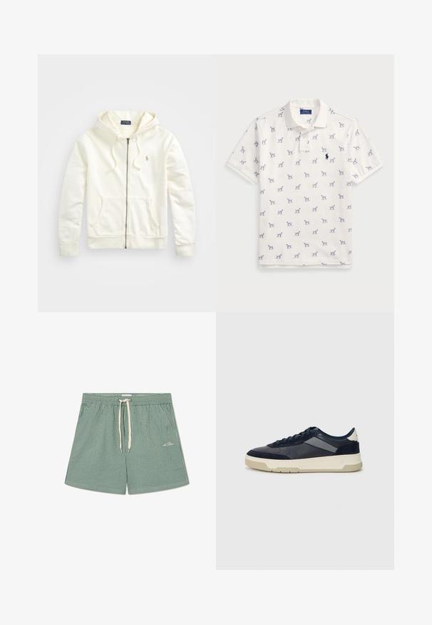 Fehér cipzáras kapucnis pulóver, zsinóros kapucnival, elülső zsebekkel, bordázott mandzsettákkal és egy kis hímezett logóval a bal oldalon. Puha pamut anyag.; Fehér póló, pamutból készült, ismétlődő kék kutyás mintával és egy kis kék logóval a mellkason. Rövid ujjak és gallér.; Zöld és fehér csíkos fürdőnadrág elasztikus derékkal, állítható zsinórral és kis logóval a bal alsó oldalon.; BOSS BALTIMORE - Sportcipő - open blue