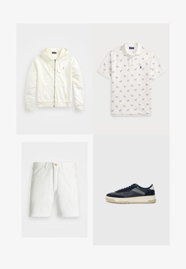 Fehér cipzáras kapucnis pulóver, zsinóros kapucnival, elülső zsebekkel, bordázott mandzsettákkal és egy kis hímezett logóval a bal oldalon. Puha pamut anyag.; Fehér póló, pamutból készült, ismétlődő kék kutyás mintával és egy kis kék logóval a mellkason. Rövid ujjak és gallér.; Polo Ralph Lauren 16.5 CM DUNGAREE FIT TWILL SHORT - Rövidnadrágok - deckwash white; BOSS BALTIMORE - Sportcipő - open blue