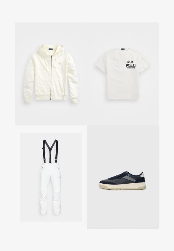 Vit zip-up hoodie med dragsko i huvan, framfickor, ribbade ärmmuddar och en liten broderad logotyp på vänster sida. Mjuk bomullstyg.; Vit bomulls T-shirt med rund hals, med en svart "Polo Motorsport" logotyp och korsade rutig flaggor på vänster bröst.; Vita snöbyxor med justerbara svarta hängslen, dragkedjefickor på sidan och förstärkta ben. Slät tyg med en elegant design.; BOSS BALTIMORE - Sneakers - open blue