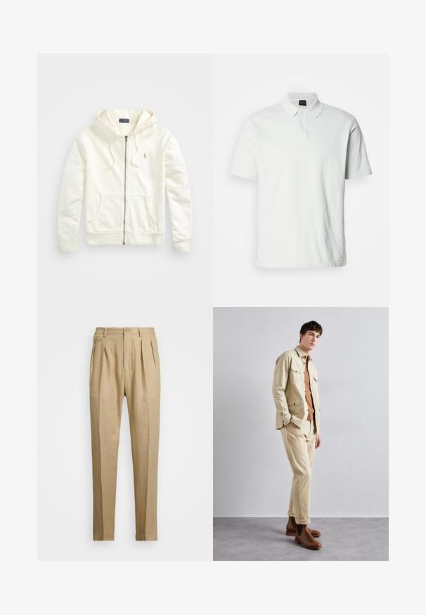 Biała bluza z kapturem na zamek błyskawiczny, z sznurkiem, kieszeniami z przodu, ściągaczami na rękawach oraz małym haftowanym logo po lewej stronie. Miękka bawełniana tkanina.; Biała koszulka polo wykonana z bawełny, z klasycznym kołnierzykiem, dwoma guzikami i subtelnym logo marki wyhaftowanym z przodu. Krótkie rękawy.; Beżowe lniane spodnie o prostym kroju, z dwoma fałdami z przodu, z zapięciem na guzik i kieszeniami po bokach. Teksturowana tkanina o gładkim wykończeniu.; Beżowa bawełniana kurtka z dwiema kieszeniami na piersi noszona na brązowej koszuli oraz dopasowanych beżowych spodniach. Brązowe skórzane buty za kostkę dopełniają strój.