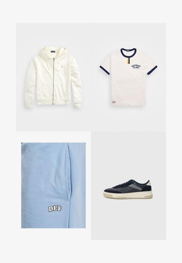 Sudadera blanca con cremallera y capucha ajustable, bolsillos frontales, puños acanalados y un pequeño logo bordado en el lado izquierdo. Tejido de algodón suave.; Camiseta de algodón blanca con cuello redondo y acentos en las mangas de color azul marino. Presenta un pequeño detalle de botón amarillo y bordado "NORTHEAST RL ATHL."; DEF Shorts - blue; BOSS BALTIMORE - Zapatillas - open blue