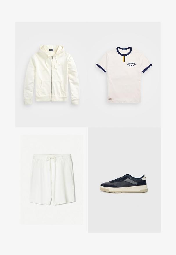Biała bluza z kapturem na zamek błyskawiczny, z sznurkiem, kieszeniami z przodu, ściągaczami na rękawach oraz małym haftowanym logo po lewej stronie. Miękka bawełniana tkanina.; Biała bawełniana koszulka z granatowym okrągłym dekoltem i akcentami na rękawach. Posiada mały żółty guzik oraz haftowane napisy "NORTHEAST RL ATHL."; Białe sportowe szorty wykonane z lekkiego materiału, z elastycznym pasem i troczkiem oraz kieszeniami po bokach. Gładka tekstura.; BOSS BALTIMORE niebieski