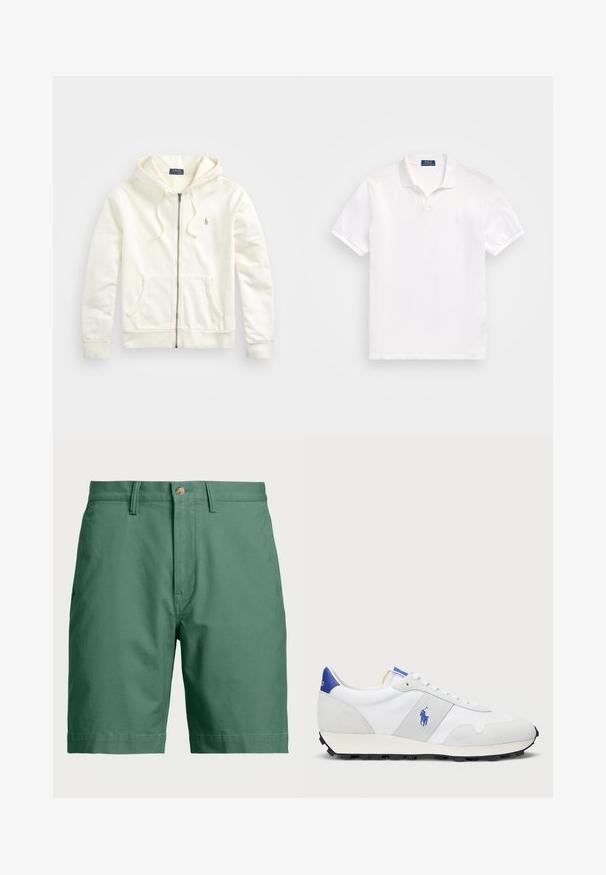 Hanorac alb cu fermoar, cu glugă ajustabilă prin șnur, buzunare frontale, manșete dublate și un mic logo brodat pe partea stângă. Material din bumbac moale.; Cămașă polo albă din bumbac, cu o deschidere cu două butoane, mâneci scurte și un logo subtil pe pieptul stâng. Textură netedă.; Șorturi din bumbac verde cu închidere cu nasture și bucle pentru curea. Design simplu, cu croială dreaptă și fără modele sau accente vizibile.; Adidași albi cu accente din suede gri, partea superioară din plasă, tabliță albastră pe călcâi și talpă din cauciuc negru. Au închidere cu șireturi și logo.